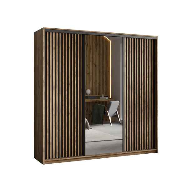 MASSENO ŠATNÍ SKŘÍŇ S POSUVNÝMI DVEŘMI ORRA, 200/205/60 cm 3dveřová se zrcadlem a lamelami, dub Lefkas