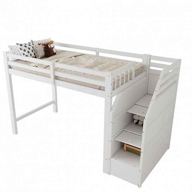 STILVORA HOCHBETT 90/200 cm in Weiß Kinderbett mit Stauraumtreppe und Geländer