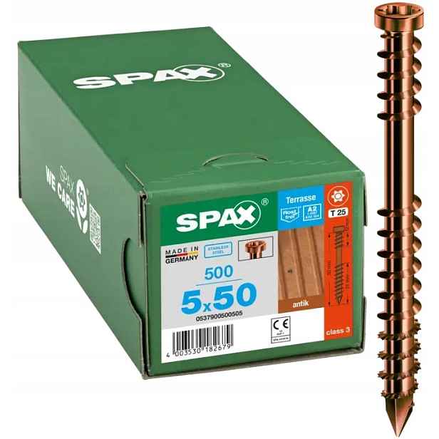 Terasové Vruty A2 500 Kusů Tx 5.0*50MM Spax-d T25 Staré Zlato Spax