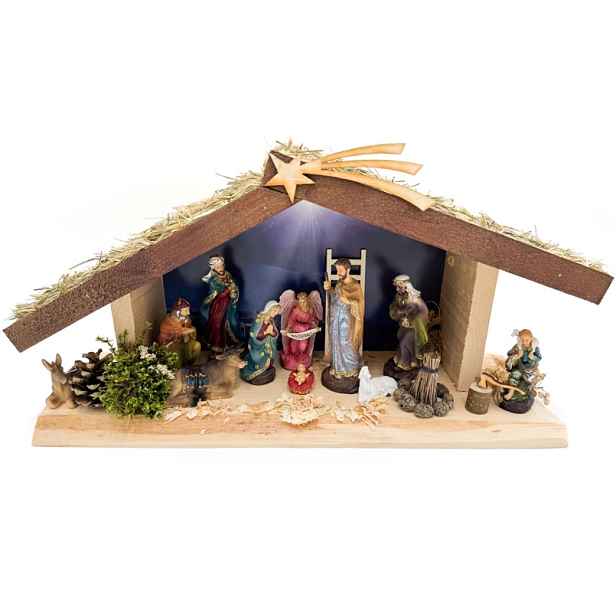 Dřevěný Vánoční Betlém S Osvětlením Figurky 13 CM 11 Figurek