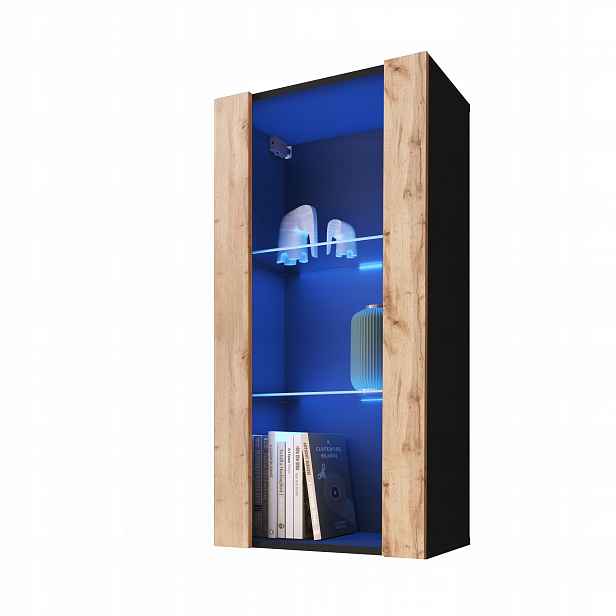 komodee Tivoli Závěsná vitrína Vertical 100 Černá-Dub Wotan Modrá Led