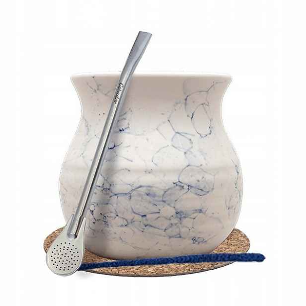 TEMU Startovací sada Yerba Mate 375ml - Keramická tykev Světlý Mramor + Bombilla 19cm + Příslušenství