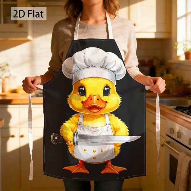 TEMU 2D Plochá 1ks Zástěra Roztomilý Kuchař Kachna s Sekáčkem Grafický Tisk Zábavná Kuchyňská Vařečka pro Milovníky Jídla 68cm*55cm Unisex Odolná