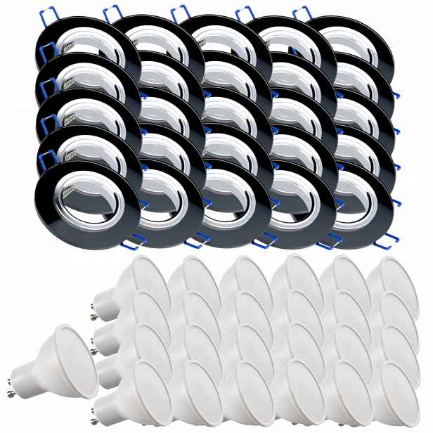 25x Černá Stropní Lampa Halogenová Objímka Sklo Led Žárovky 10W