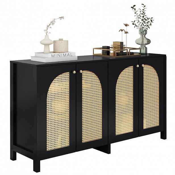 OKWISH BOČNÍ skříň 33,7/70,2 cm černá z MDF s ratanovými dvířky