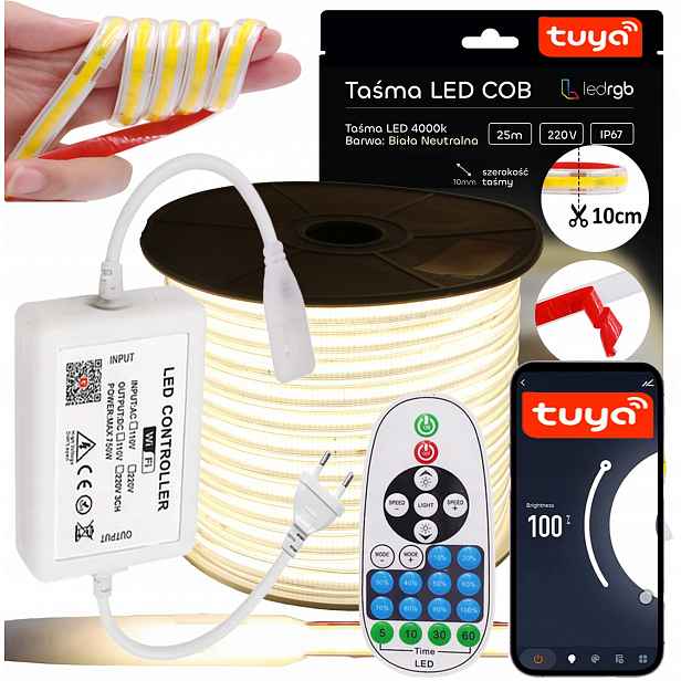 Set Led Páska Cob 25 m 230V Bílá Neutrální 4000K Řezaná Každých 10CM Tuya Wifi