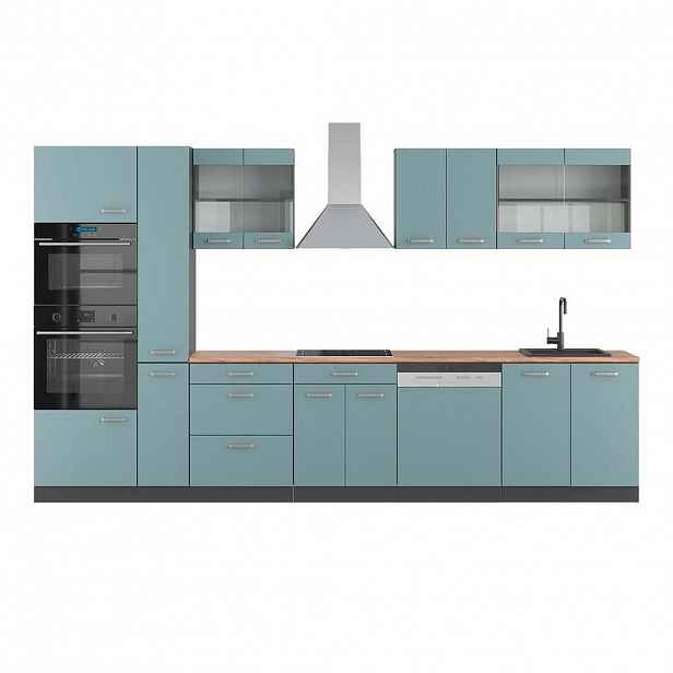 Vicco KUCHYŇSKÝ KOUT R-Line Modrošedá/antracitová 350 cm s vysokou skříní, PD Dub