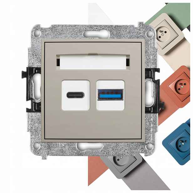 Dvojitá Usb nabíječka Usb C Usb A 20W max, taupe; 60MCUSB-8 Karlik Mini
