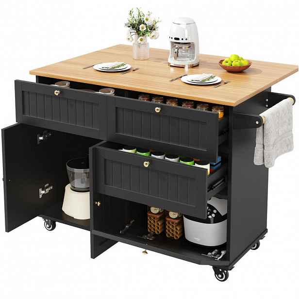 OKWISH KUCHYŇSKÝ ostrůvek 133/37,3/88 cm černý z MDF a kovu s úložným prostorem a kolečky
