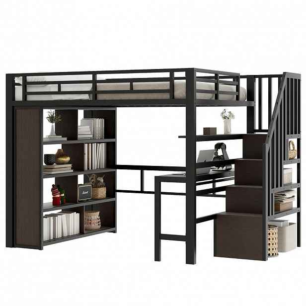 STILVORA HOCHBETT 140/200 cm in Schwarz mit Schreibtisch, Regal, Stauraumtreppe und LED Metall modern