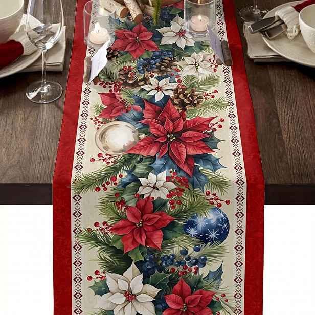 TEMU Vánoční Běhoun na Stůl s Poinsettie - Červený, Sváteční Zimní Dekorace pro Vánoční Jídelnu & Kuchyni
