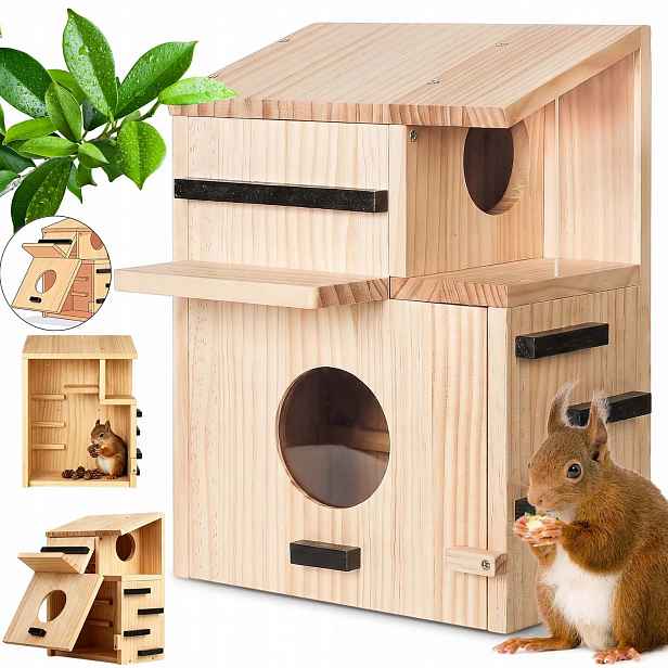 Dřevěné Krmítko Pro Veverky S Ventilací A Velkým Sedákem 19X18X40 CM