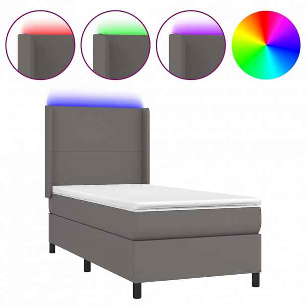 vidaXL Box spring postel s matrací a LED šedá 100x200 cm umělá kůže