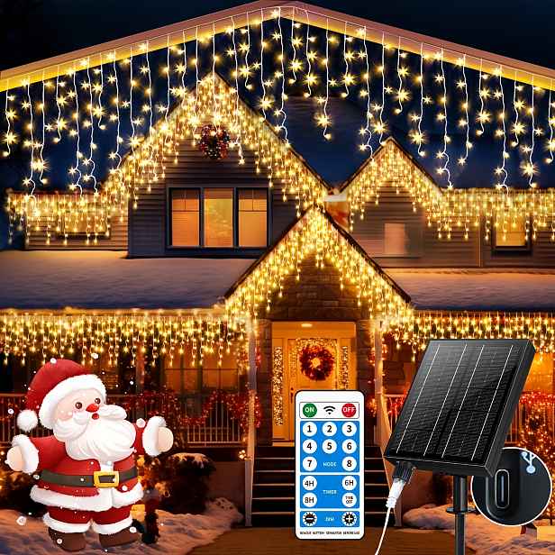 TEMU Venkovní solární ledová světla, délka 76,4 stop (přibližně 24 metrů), 600 LED diod, výkon 2400 mAh, 8 režimů, časovač, dálkové ovládání,