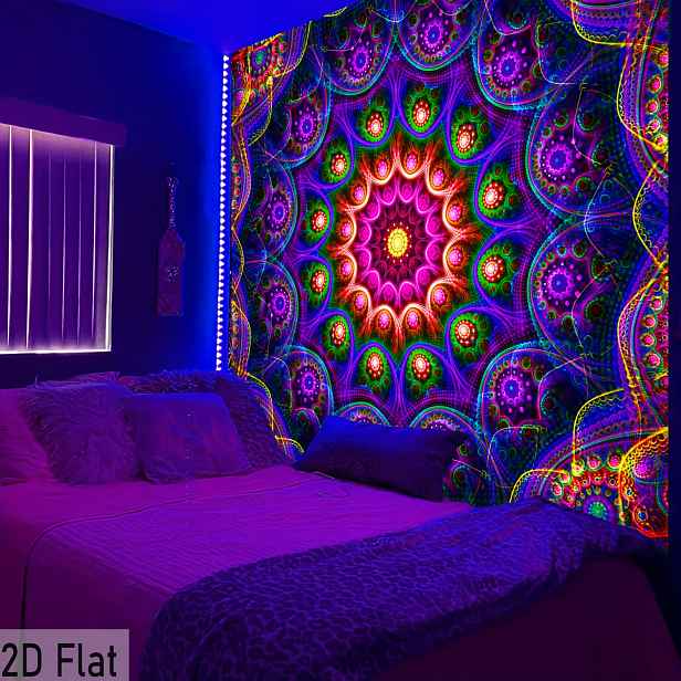 TEMU 2D plochá - 2D plochá - 1 ks 2D plochá bohémská mandala fluorescenční tapiserie | Hippy barevná polyesterová UV černobílá tapiserie, nástěnná