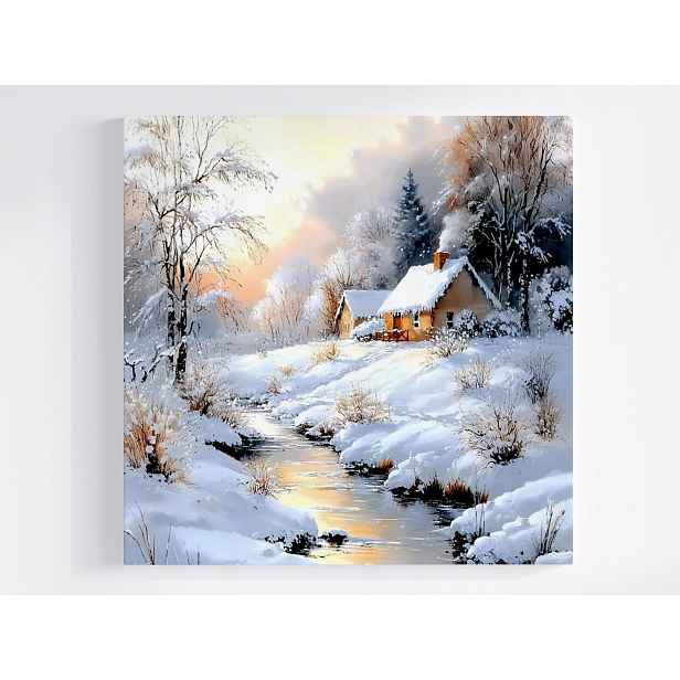 Obraz Na Plátně Canvas Krajina Zima Sníh Dům Chatka Řeka Potok 50x50