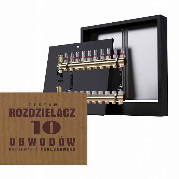 Rozdělovač na podlahu mosazný 10-okruhový a nástěnná skříňka černá