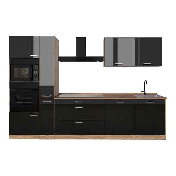 Vicco KUCHYŇSKÝ KOUT R-Line, Černý vysoký lesk/Zlatý mocný dub, 310 cm pracovná doska Dub Goldkraft