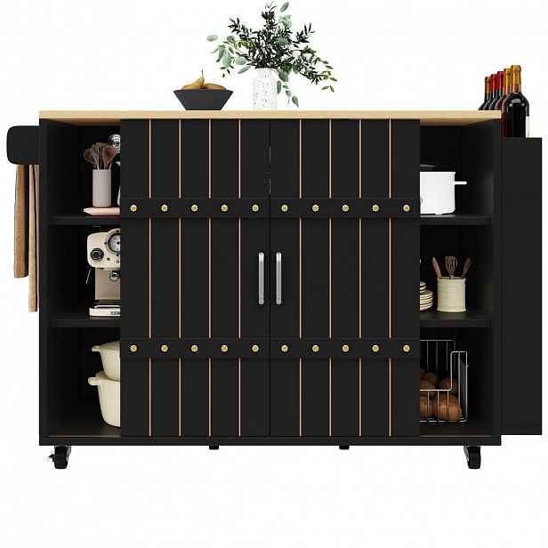 OKWISH KUCHYŇSKÝ ostrůvek 110/42/90 cm černá z MDF s výklopnou deskou, zásuvkami a posuvnými dvířky