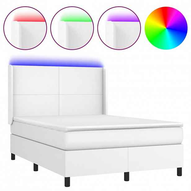 vidaXL Box spring postel s matrací a LED bílá 140x190 cm umělá kůže