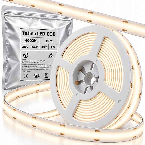 Cob Led páska 10 m 220-240V 4000K 9W/m IP20 neutrální role bílá 8 mm