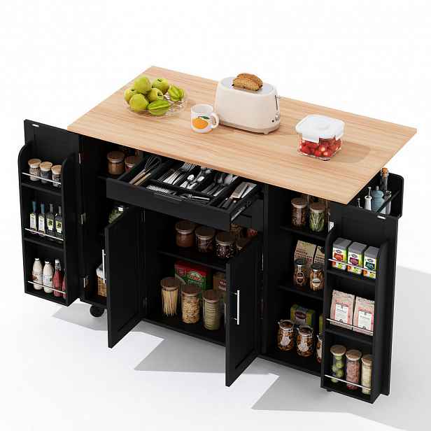 OKWISH KUCHYŇSKÝ ostrůvek 136/70/92 cm černá a přírodní z MDF s výsuvnou pracovní deskou