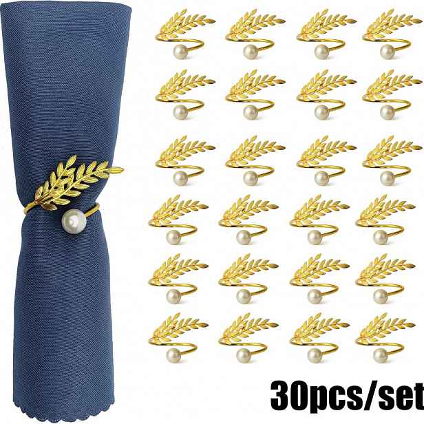 TEMU Sada 30 kroužků na ubrousky s perlami a zlatými/stříbrnými - Elegantní svatební dekorace stolu, Okázalé doplňky na sváteční večeři, bílou a