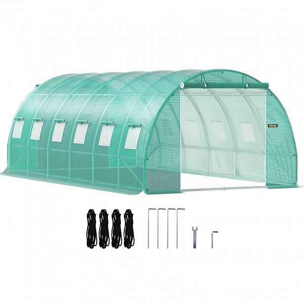 TEMU VEVOR 20x10x7ft (6x3x2,1m) Přenosný skleník s vchodem, 3 horními tyčemi, 4 diagonálními sloupy, 2 zipovými dveřmi a 12 rolupovými okny, zelený