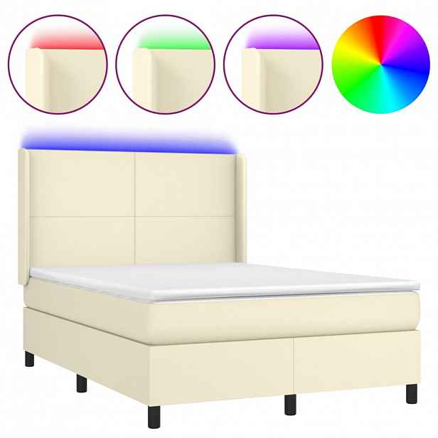 vidaXL Box spring postel s matrací a LED krémová 140x190 cm umělá kůže