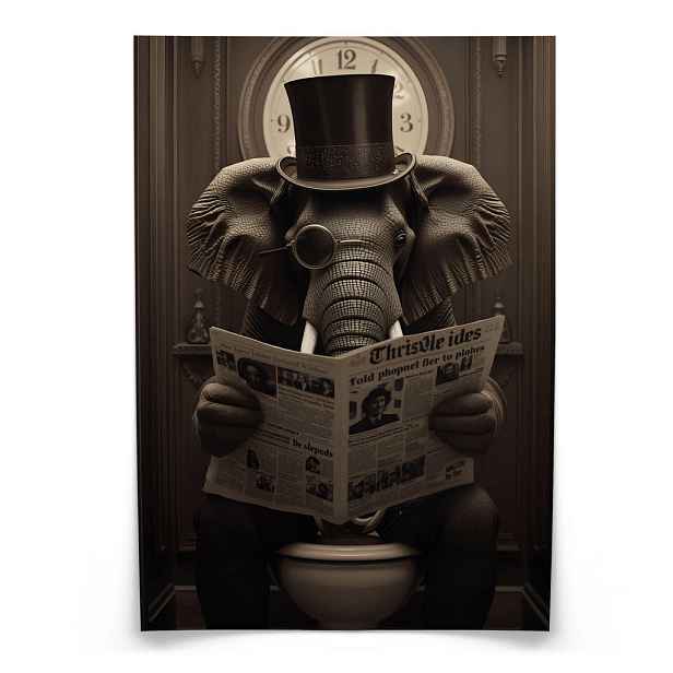 Muralo PLAKÁT do WC a Koupelny SLON na Toaletě Retro Noviny Abstrakce 50x70cm