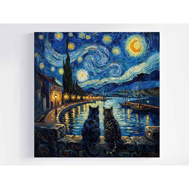 Obraz Na Plátně Canvas Hvězdná Noc Kočky Kamarádi Van Gogh Styl 50x50