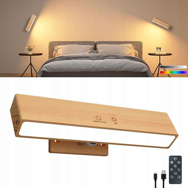 DetarZinLED Led nástěnné svítidlo Bezdrátové 5200 mAh Rgb 3 barvy Dálkový Ovladač Dřevo