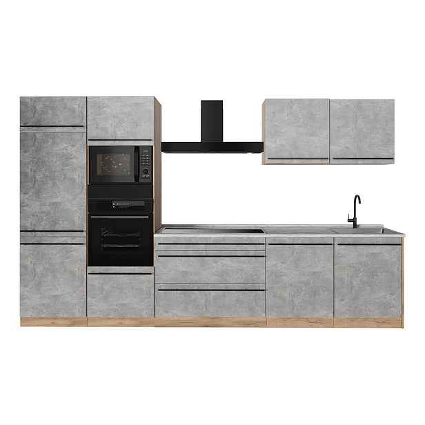 Vicco KUCHYŇSKÝ KOUT R-Line, Beton/Zlatý mocný dub, 340 cm pracovná doska Mramor