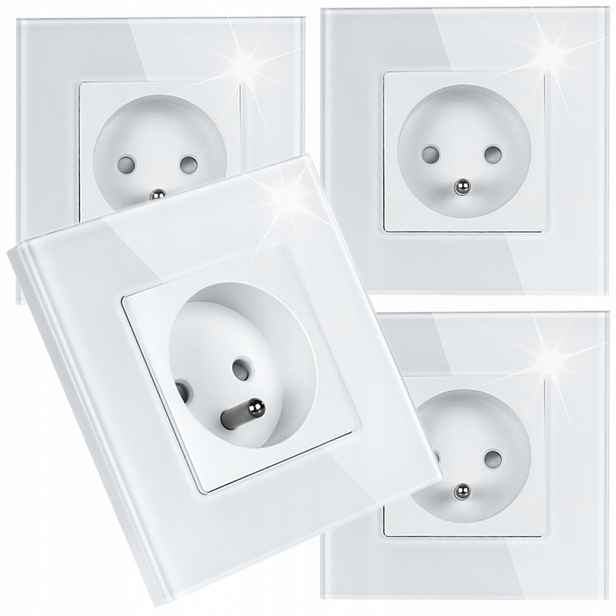 4x Skleněná Jednotlivá Elektrická Zásuvka Kontakt S Uzemněním Bílá