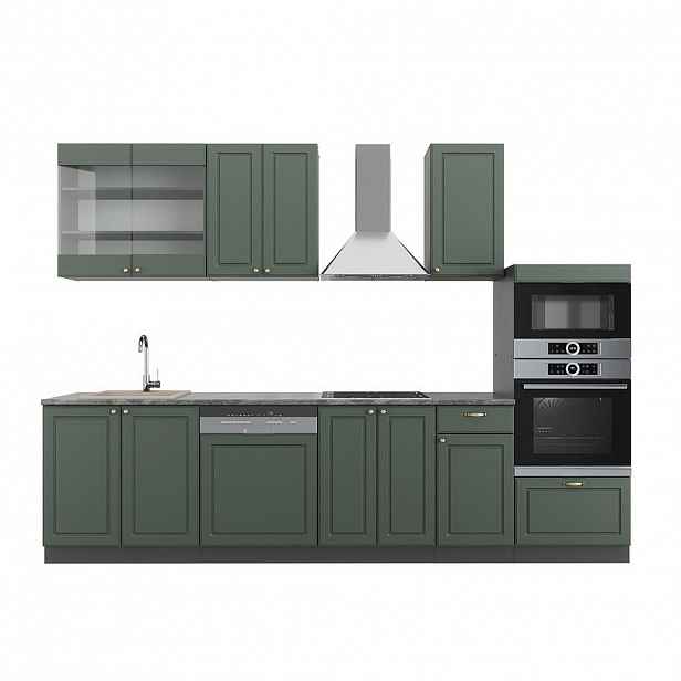 Vicco KUCHYŇSKÝ KOUT Fame-Line Zeleno-zlatá Country House/Anthracite 300 cm s vysokou skříní, bez pracovní desky