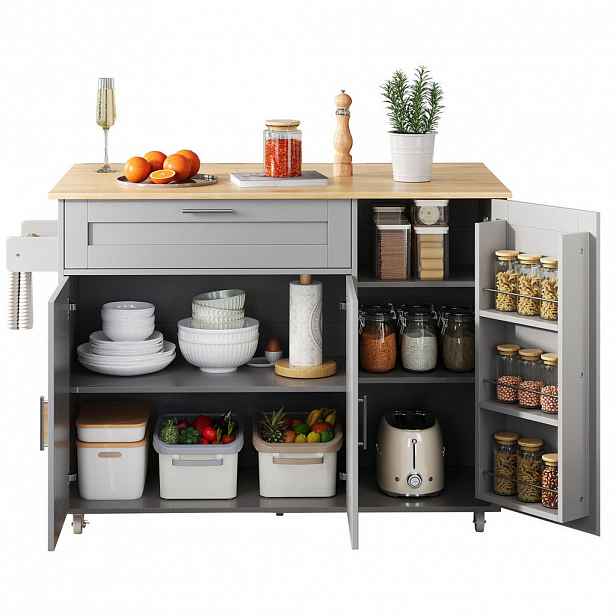 OKWISH KUCHYŇSKÝ vozík 132,5/44(70)/90 cm šedý z MDF s výklopnou deskou a úložným prostorem