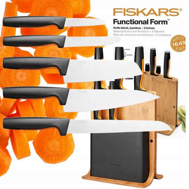 Sada 5 Nožů V Bambusovém Bloku Fiskars Ostré Pevné Jako Dárek Stojan