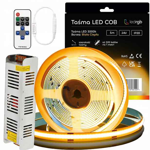 Sada Led pásků Neon Cob 24V 5 m 3000K Bílá Teplá Napájecí Zdroj 60W Dálkový Ovladač 8 mm
