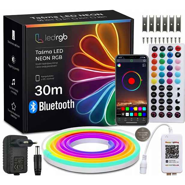 Set Led Pásek Neon 30M Rgb 2x15m Bluetooth Aplikace Dálkový Ovladač Napájecí Zdroj IP67