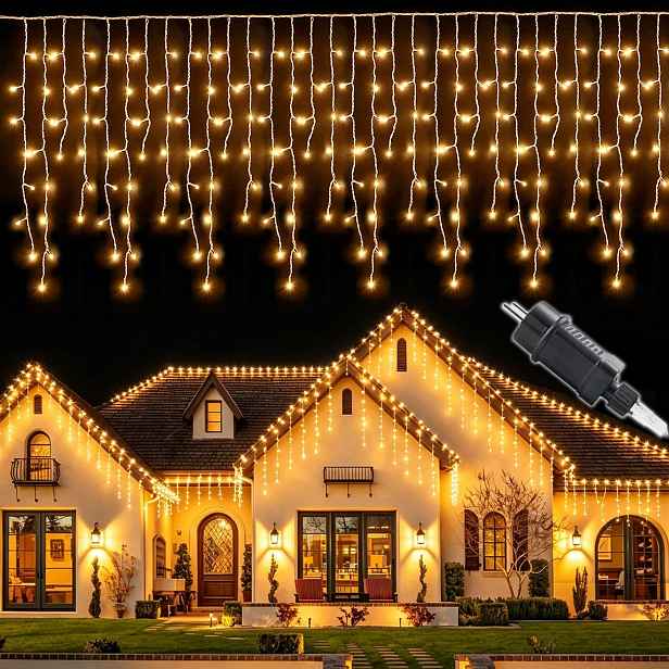Vánoční Rampouchy 200 Led 5 m Teplá Bílá Časovač 8 Režimů Závěs IP44