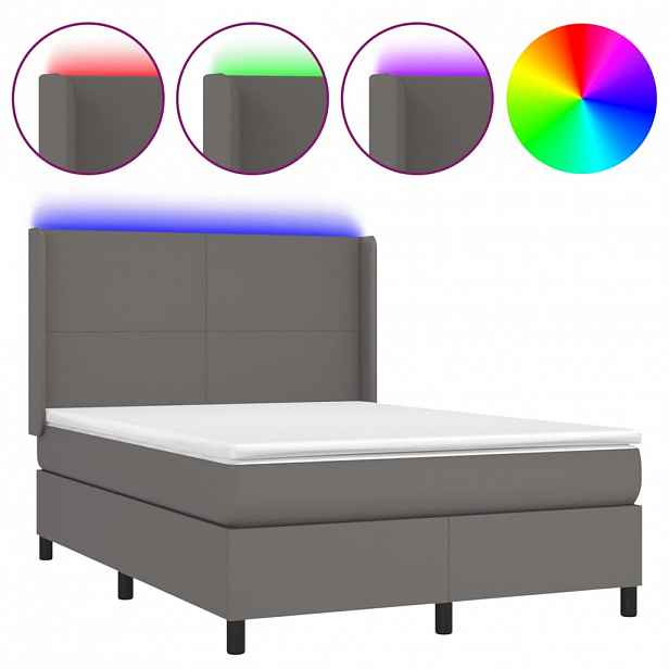 vidaXL Box spring postel s matrací a LED šedá 140x200 cm umělá kůže