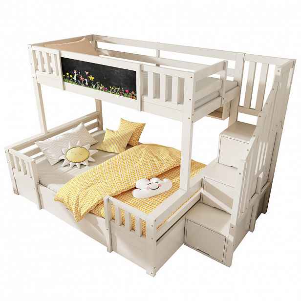 STILVORA ETAGENBETT 90/200 cm & 140/200 cm in Weiß mit Schubladen, Stauraumtreppe und Kreidetafel