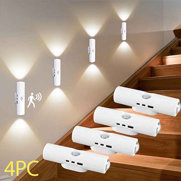 TEMU 4ks/2ks LED Světla s Pohybovým Senzorem, 3 Barvy LED Světla s Dvojitou Hlavou, Nastavitelná Jasnost, USB Nabíjecí s Vestavěnou Baterií 500mAh,