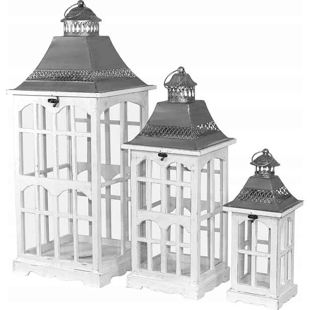 Dřevěné lampiony boho 3ks, provensálské, bílé, stříbrné, rustikální loft