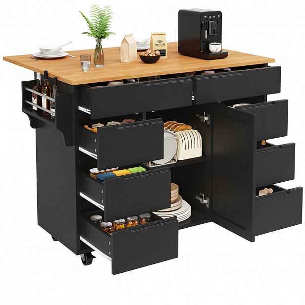 OKWISH KUCHYŇSKÝ ostrůvek 122/74,5/91,5 cm černý z MDF s výklopnou deskou a 8 zásuvkami