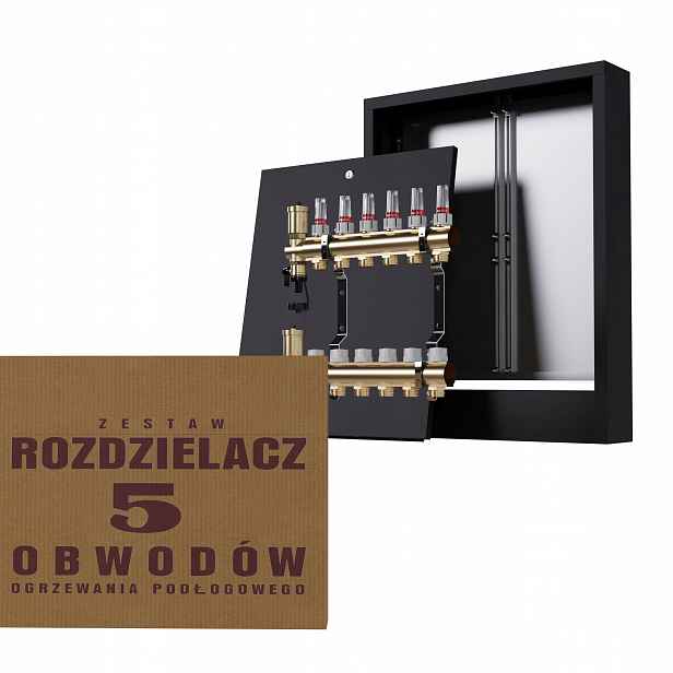 Rozdělovač do podlahy mosazný 5-okruhový a nástěnná skříňka černá