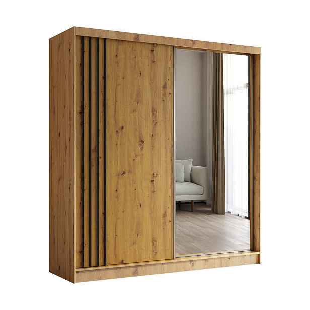 MASSENO ŠATNÍ SKŘÍŇ S POSUVNÝMI DVEŘMI NELVIA, 200/216/61 cm 2dveřová se zrcadlem, dub Artisan