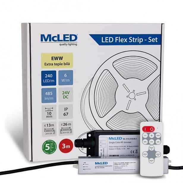 McLED LED pásek - sada 3 m + Přijímač Nano IP67, 240 LED/m, EWW, 6 W/m, DC 24V, 485 lm/m, CRI90, IP67, 10 mm, vodič 3 m ML-126.035.90.S03002