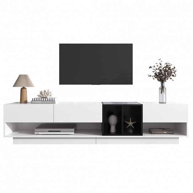 OKWISH TV stolek 190/40/42 cm bílá a černá z dřevotřísky s vysokým leskem a úložnými zásuvkami