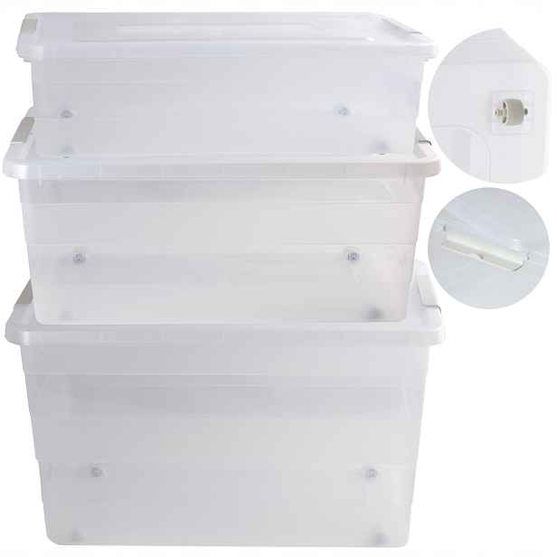 3x Plastová nádoba Krabička na kolečkách s víkem Nádoby 28L, 40L, 55L
